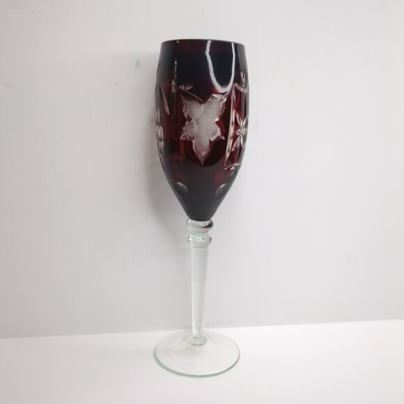 Ajka Marsala Cut Clear Crystal Tall Stem Ruby Red Champagne Flute Glasses 10" - Picture 6 of 6